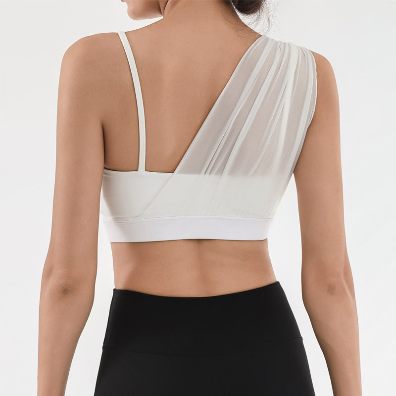 With Chest Pad Yoga Fitness Training Mesh Stitching Contrast Color High Elastic Quick-drying Nude Feel Bra