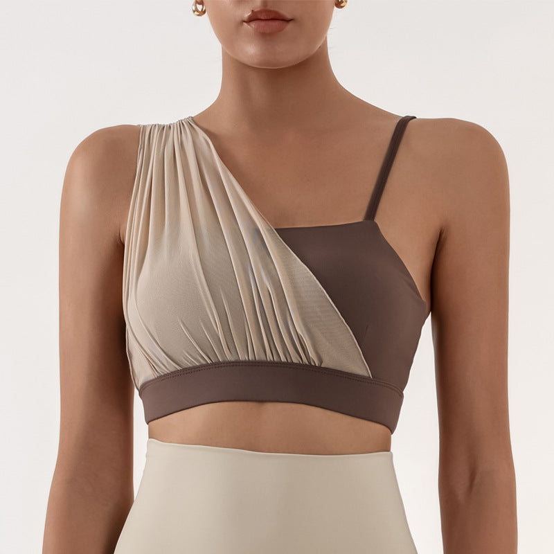 With Chest Pad Yoga Fitness Training Mesh Stitching Contrast Color High Elastic Quick-drying Nude Feel Bra
