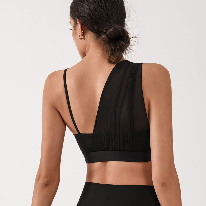 With Chest Pad Yoga Fitness Training Mesh Stitching Contrast Color High Elastic Quick-drying Nude Feel Bra